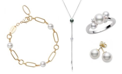 A close-up of 4 pieces of jewelry by Mikimoto, all available at Albert’s Diamond Jewelers.