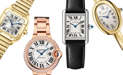 A close-up of 4 distinctive Cartier watches, all available at Albert’s Diamond Jewelers.