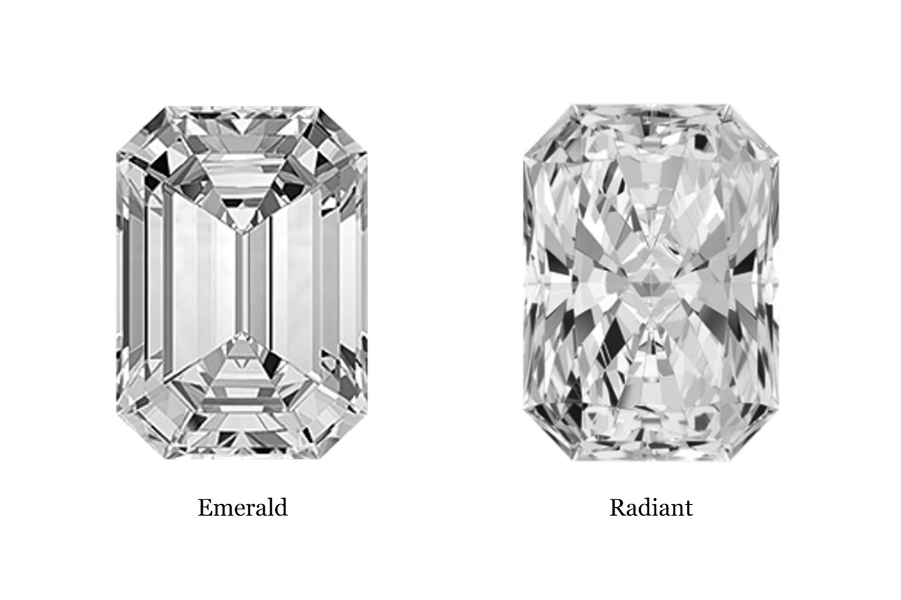 diagram of an emerald cut diamond next to a radiant cut diamond