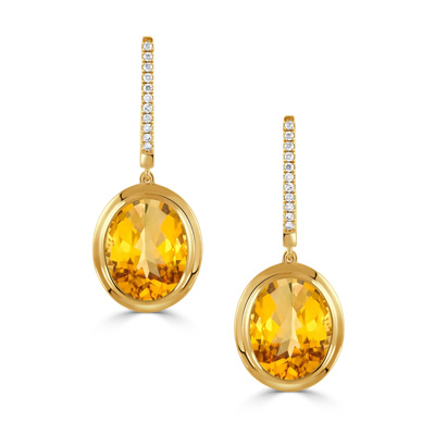 Yellow gold citrine and diamond dangle earrings