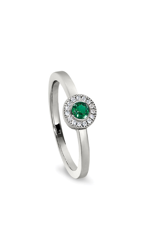 A sterling silver diamond halo fashion ring with round emerald center stone