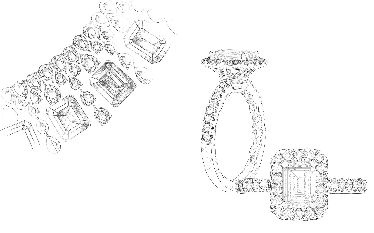 Jewelry sketch featuring an ornate necklace with alternating emerald-cut and pear-shaped gemstones in prong settings, alongside a dual-view engagement ring showcasing an emerald-cut center stone, diamond halo, and pav&eacute;-set band with basket details.