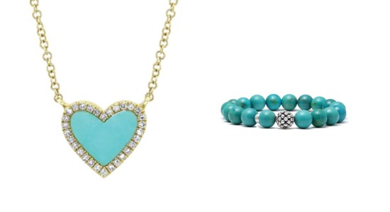 a yellow gold turquoise heart necklace beside a turquoise beaded bracelet