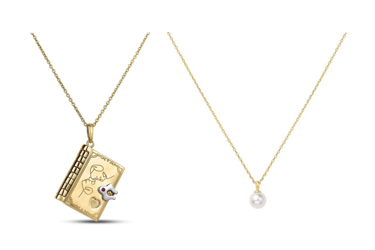 A yellow gold necklace with book shaped pendant and yellow gold pearl pendant necklace
