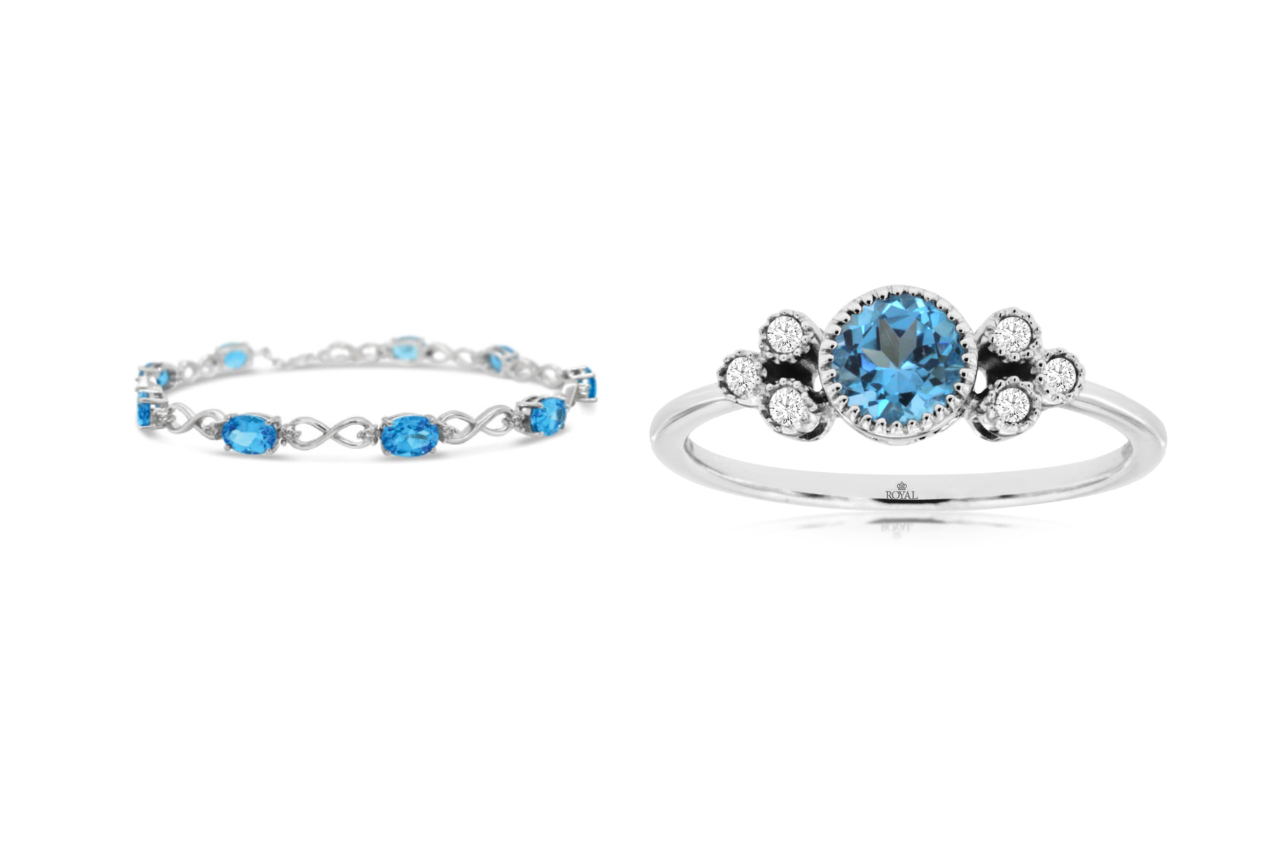 A sterling silver blue topaz infinity bracelet and a white gold blue topaz and diamond side stone ring.