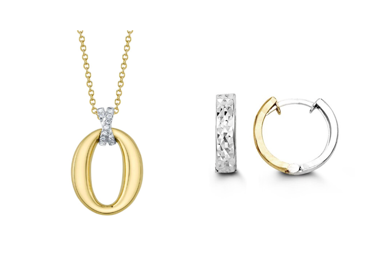 A circular gold pendant necklace with a diamond detail and a pair of mixed metal huggies
