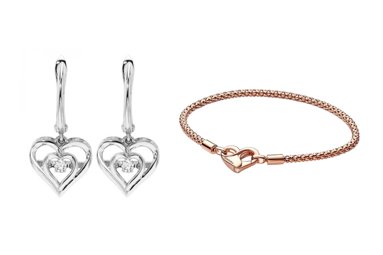 A sterling silver heart-shaped drop earrings and rose gold bracelet with heart-shaped clasp.