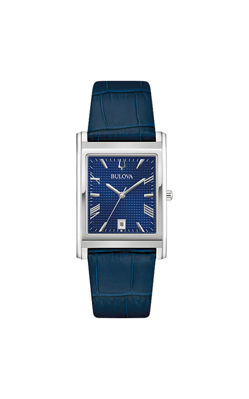 A Bulove wrist watch with roman numerals, blue dial and blue leather bracelet