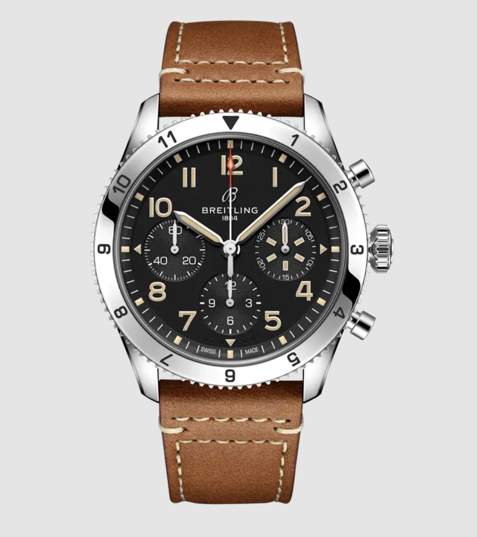 A Breitling wristwatch with brown leather bracelet and black dial with arab numerals