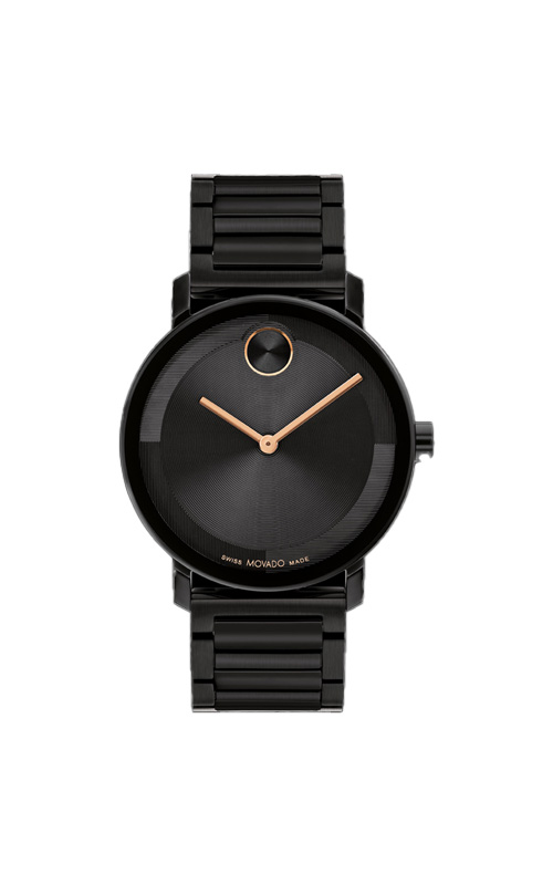 A black wristwatch with black dial and gold hand without any numbers and monochrome black bracelet