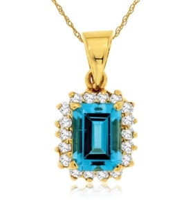 A blue topaz pendant with a diamond halo from Albert’s Diamond Jewelers.