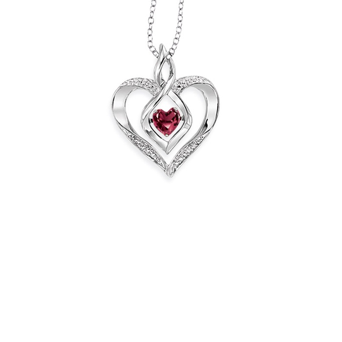 A silver heart-shaped necklace with a heart-shaped ruby at the center.