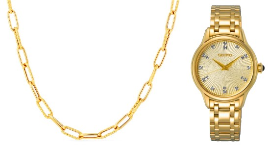 Roberto Coin gold necklace and Seiko watch gold tone watch for ladies