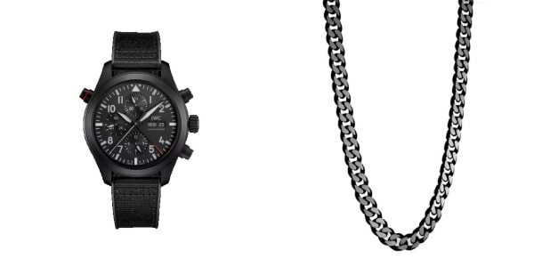 a black ion plated chain necklace and a black IWC watch