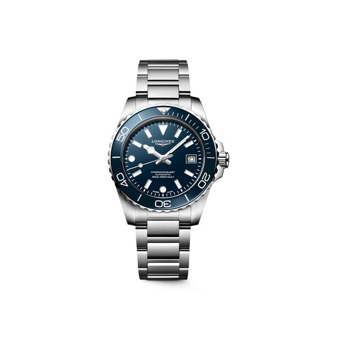 A stainless steel watch features a deep blue dial with bold hour markers and a date display.
