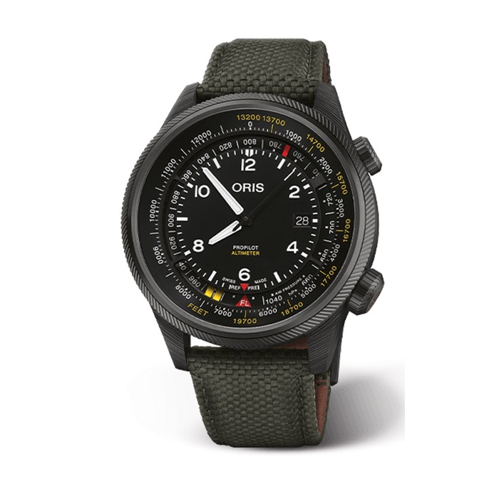 A black Oris ProPilot altimeter watch with a detailed dial showing various altitude markings.