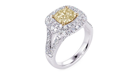 a mixed metal engagement ring with a double halo and yellow center stone