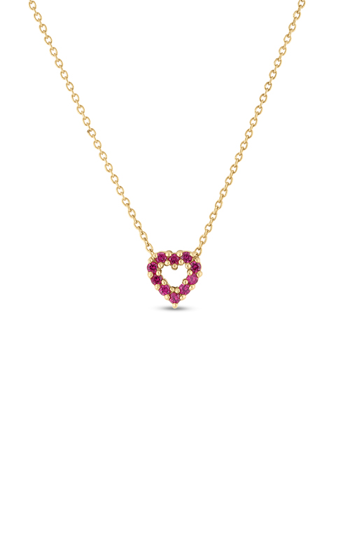 A yellow gold pendant with a heart shaped ruby pendant.