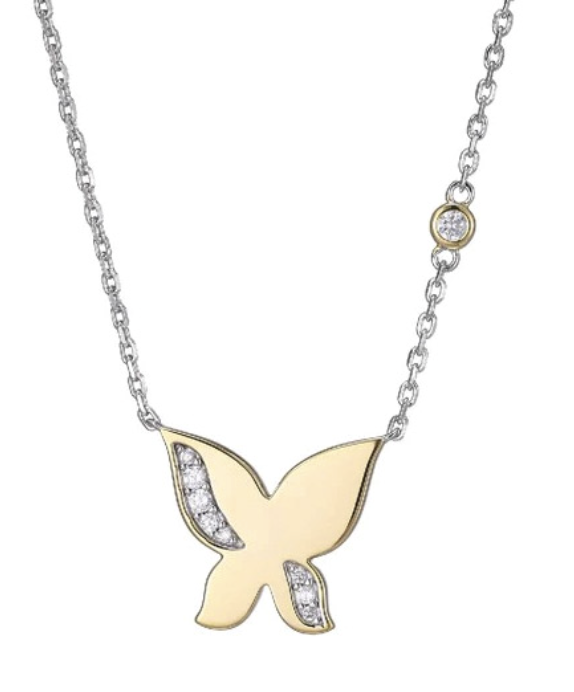 A silver and yellow gold diamond butterfly shaped necklace