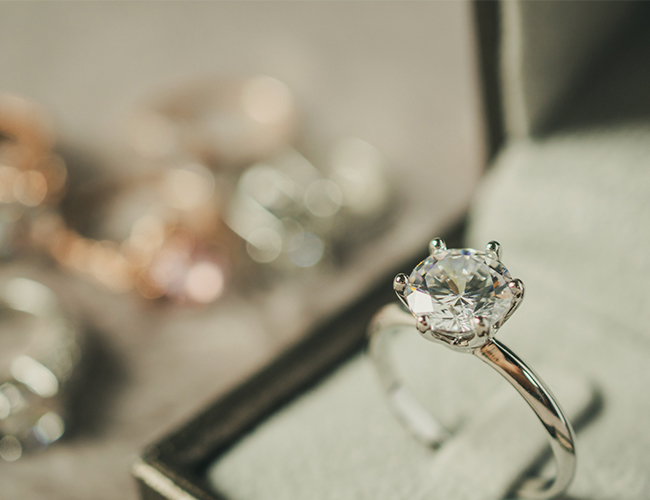 round diamond solitaire engagement ring in a ring box
