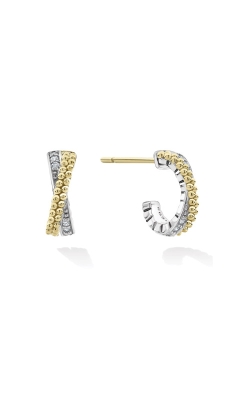 Lagos Sterling Silver and 18k Yellow Gold 13mm Diamond Gold Caviar Lux X Crossover Hoop Earrings 01-81905-DD