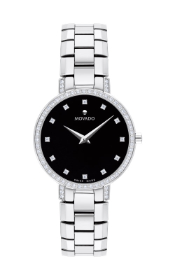 Movado Ladies Stainless Steel Faceto 28mm Diamond Black Dial Watch 0607484