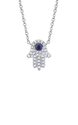 Shy Creation 14k White Gold .17ctw Diamond and Blue Sapphire Hamsa Necklace SC55005244