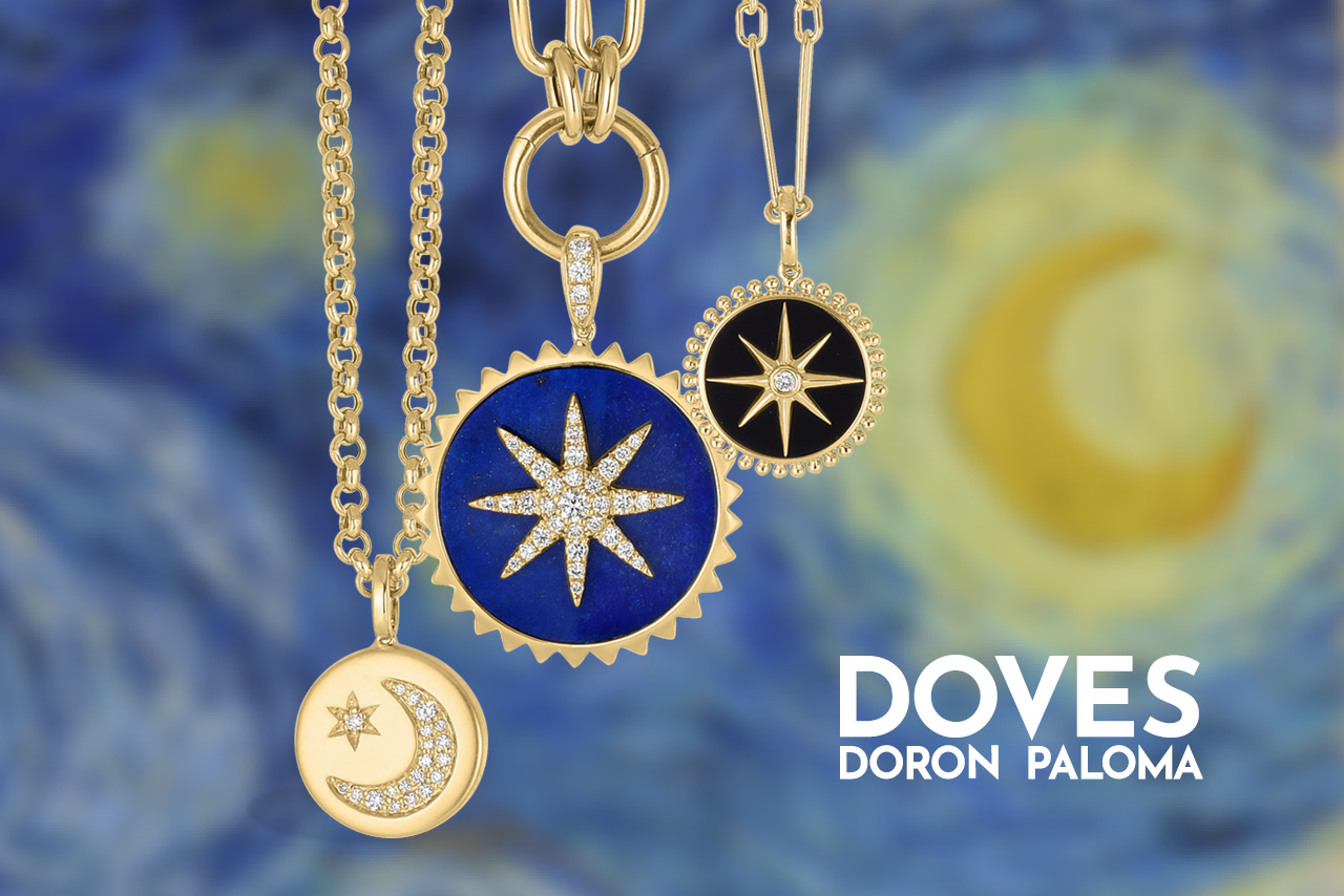 Three cosmos-inspired necklaces shown in front of “Starry Night”, a legendary painting by Vincent van Gogh.