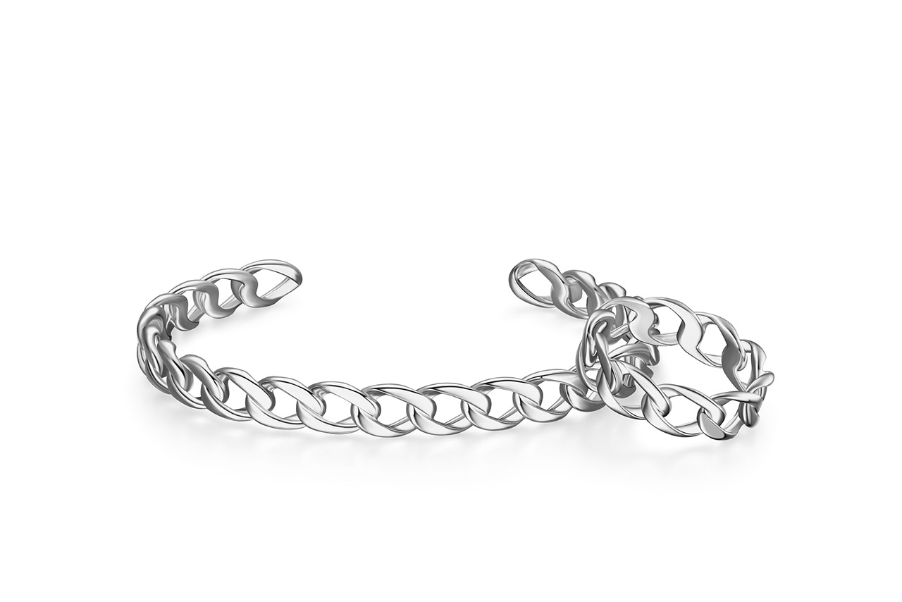 A chain link cuff bracelet and chain link fashion ring wrought in silver