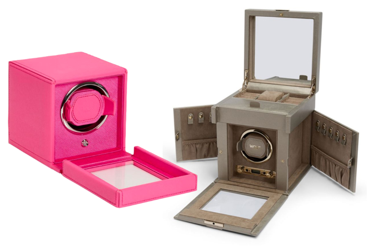 Two of WOLF’s storage options — a tutti frutti pink watch winder and a watch winder with jewelry storage, both available at Albert’s Diamond Jewelers.
