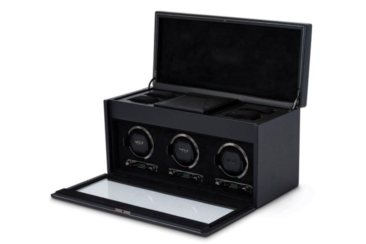 An angled view of a WOLF British Racing triple black watch winder, available at Albert’s Diamond Jewelers.