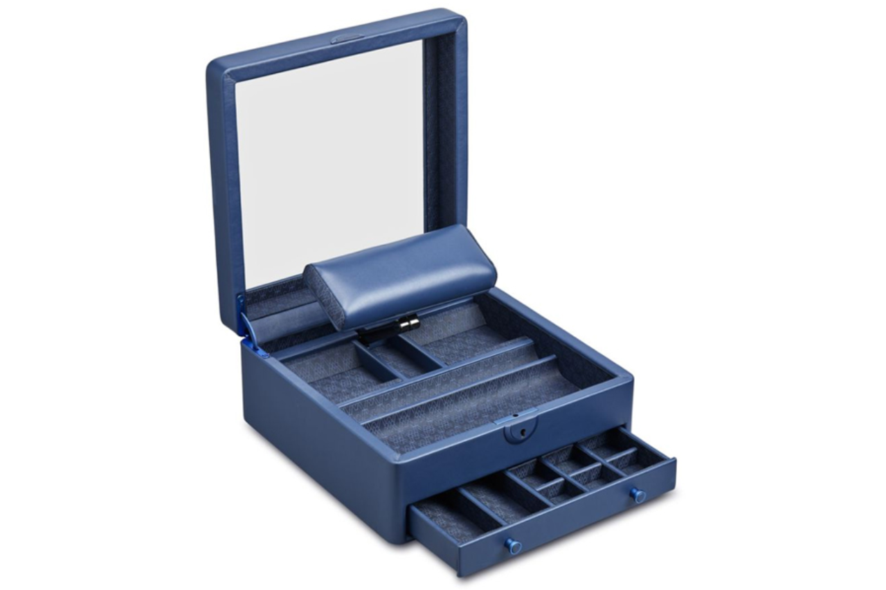An angled view of a WOLF Earth watch stand box, available at Albert’s Diamond Jewelers.