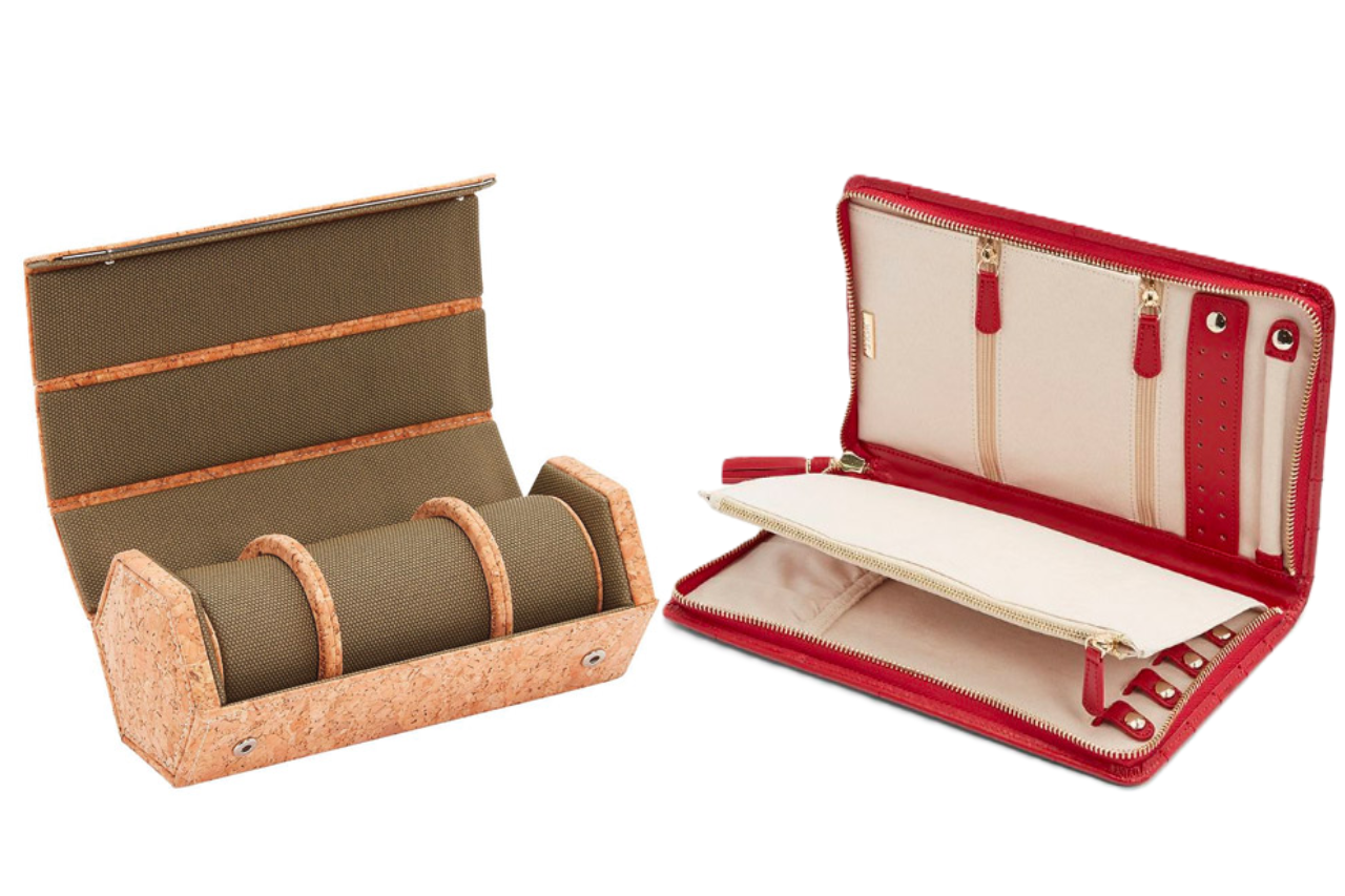 Two of WOLF’s storage options — a cork triple hexagon watch roll and a large red jewelry portfolio, both available at Albert’s Diamond Jewelers.
